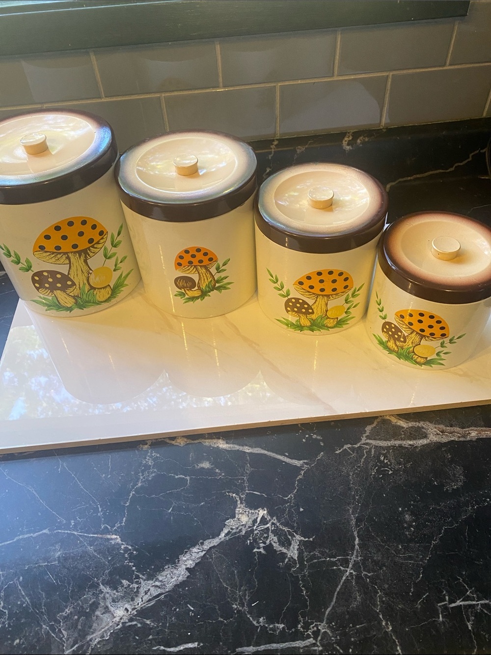 Vintage 1979 Merry Mushroom 4 Piece
Canister Set Sears Roebuck & Co.
